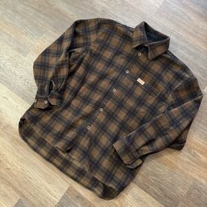 Outback Trading Company Brown Plaid Fleece Flannel‎ Button Up Shirt Sz M Shacket